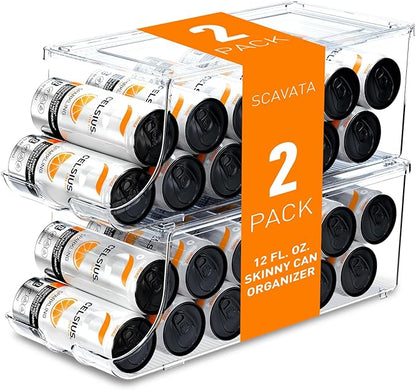 SCAVATA 2 Pack Skinny Can Organizer for Refrigerator, Stackable Tall Skinny Soda Pop Can Holder Dispenser with Lid for Fridge Pantry Rack Freezer, Clear Plastic Storage Bins-Holds 12 Slim Cans Each