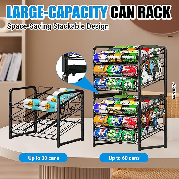 6-Tier Stackable Soda Can Rack Organizer for Pantry, Adjustable Can Dispenser Holds Up to 60 Cans, with 12 Hooks, Can Storage Holder for Various Ounces of Canned Food Soda Drinks, Black, 2 Pack