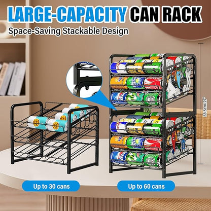 6-Tier Stackable Soda Can Rack Organizer for Pantry, Adjustable Can Dispenser Holds Up to 60 Cans, with 12 Hooks, Can Storage Holder for Various Ounces of Canned Food Soda Drinks, Black, 2 Pack