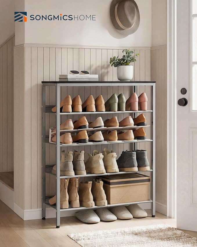 SONGMICS HOME 5 Tier Shoe Storage Organizer, Freestanding Shoe Rack, Dense Mesh, for Living Room, Bedroom, Entryway, Gray and Silver