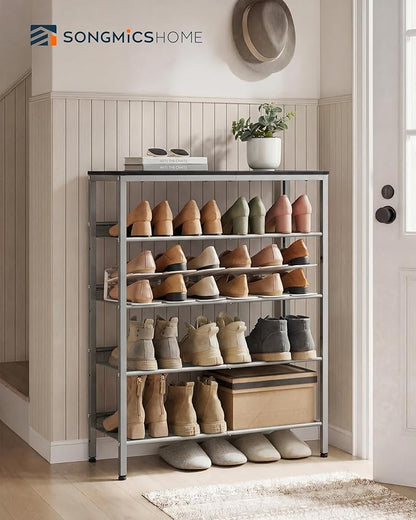 SONGMICS HOME 5 Tier Shoe Storage Organizer, Freestanding Shoe Rack, Dense Mesh, for Living Room, Bedroom, Entryway, Gray and Silver
