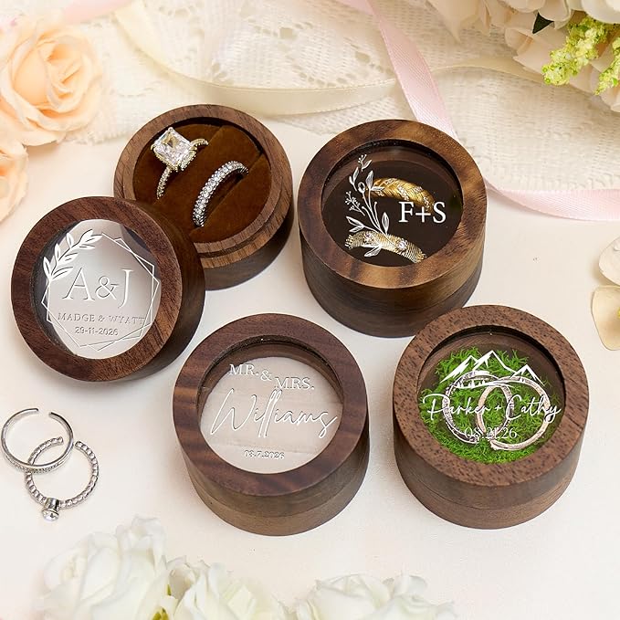 Personalized Ring Box Wedding Day（1-2 slots, Wooden Small Ring Boxes Holder, FREE Custom Name Clear Acrylic Cover, Elegant Round Rings Case for Wedding, Engagement Proposal,Ceremony