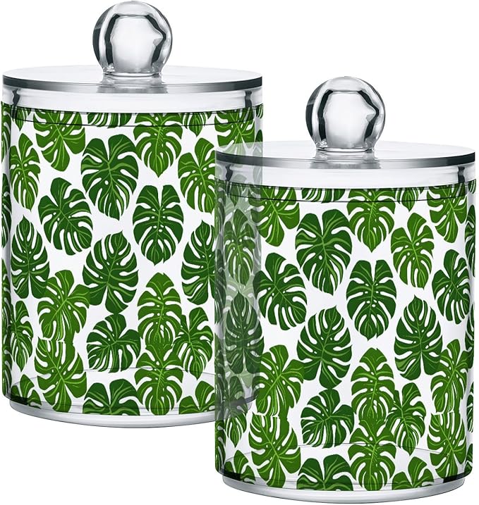 ALAZA 4pcs Monstera Leaf Palm Green White Qtip Holder Dispenser 14 oz Bathroom Storage Clear Apothecary Jars Containers Cotton Ball,Cotton Rounds,Floss Picks, Hair Clips, Food