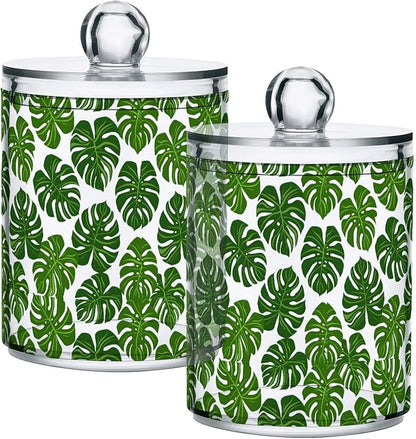 ALAZA 4pcs Monstera Leaf Palm Green White Qtip Holder Dispenser 14 oz Bathroom Storage Clear Apothecary Jars Containers Cotton Ball,Cotton Rounds,Floss Picks, Hair Clips, Food