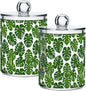 ALAZA 4pcs Monstera Leaf Palm Green White Qtip Holder Dispenser 14 oz Bathroom Storage Clear Apothecary Jars Containers Cotton Ball,Cotton Rounds,Floss Picks, Hair Clips, Food