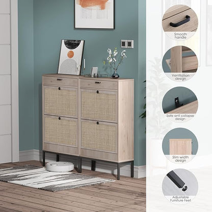 Brafab Shoe Storage Cabinet with Flip Drawers & Adjustable Shelves, Rectangular Rattan Doors - For Hallways and Entryways