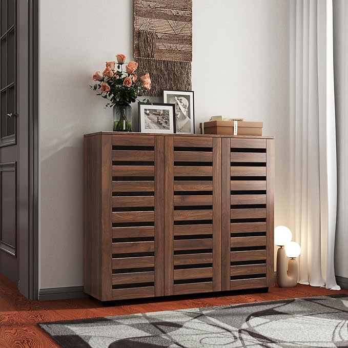 Shoe Cabinet, 5-Tier Shoe Storage Cabinet with Adjustable Shelves, Wooden Shoe Rack Organizer with Louvered Doors for Entryway, Hallway, Bedroom, Living Room