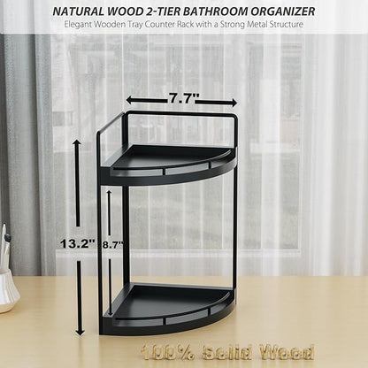 Corner Bathroom Counter Organizer, 2 Tier Wood Vanity Storage, Waterproof Skincare Shelf for Kitchen & Toiletries Decor, Dresser (Black-2 Tier)