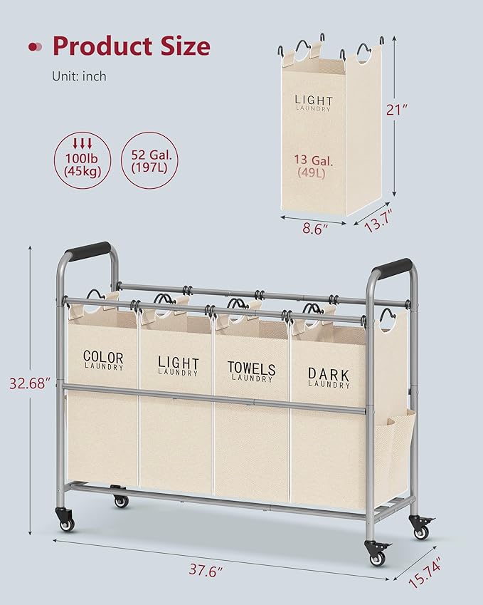 Tajsoon 4 Bag Laundry Sorter Cart, 4 Section Laundry Hamper Sorter with Heavy Duty Lockable Rolling Wheels, Laundry Separator Hamper with Removable Bags for Dirty Clothes Storage, Beige