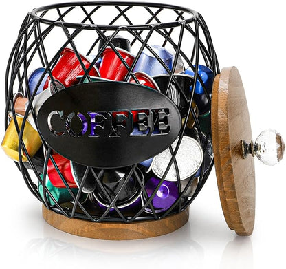 WRINGKIT Coffee Pod Holder with Lid, Large Capacity K Cup Storage Basket, Black Wire Coffee Pod Basket Decor for Countertop, Round Coffees Holder for Keurig Kcups, Espresso Capsules, Christmas Gift