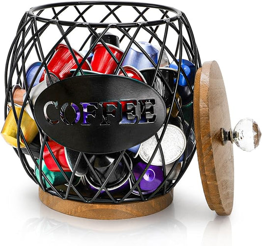 WRINGKIT Coffee Pod Holder with Lid, Large Capacity K Cup Storage Basket, Black Wire Coffee Pod Basket Decor for Countertop, Round Coffees Holder for Keurig Kcups, Espresso Capsules, Christmas Gift