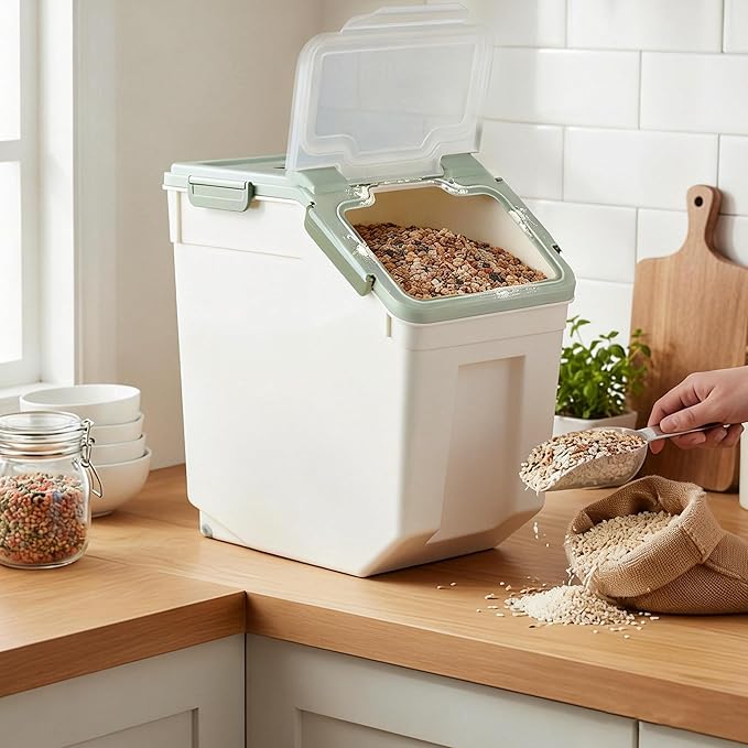 RUIAN Large Airtight Storage Container,25lb Flour Rice Storage Containers Bin with Wheels Seal Locking Lid, with Measuring Cup&Scoop for Flour, Rice, Grain100LBS Total(Green, 4PCS)