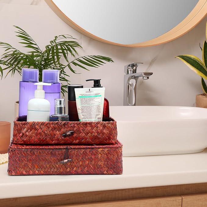 Didaey Set of 4 Seagrass Basket with Lid Wicker Storage Basket Decorative Storage Boxes with Lids Flat Storage Bins Woven Organizer Baskets for Shelf Closet Bedroom, 4 Sizes (Retro Red)
