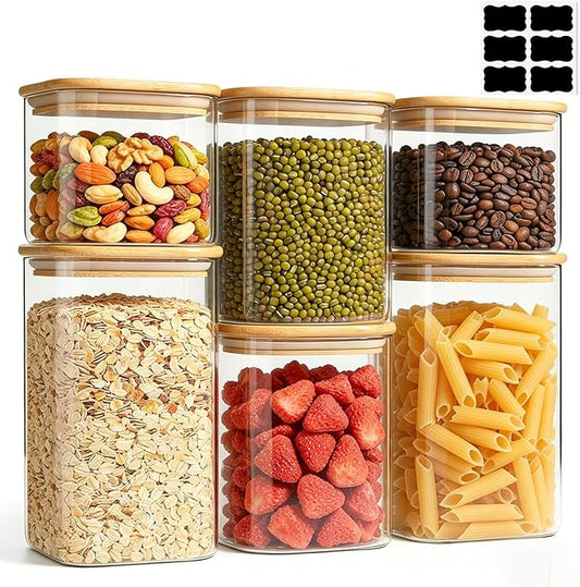 ComSaf Glass Storage Containers With Lids 6-Pack (0.7qt/1.2qt/1.6qt), Glass Pantry Storage Containers, Rectangular Glass Jars With Lid, Glass Canisters For Kitchen Flour Cereal Sugar Tea Coffee Bean