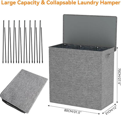 WOWLIVE 180L Laundry Hamper with Lid 3 Section,Large Laundry Basket with Removable Bags and Handles,Collapsible Dirty Clothes Hampers for Laundry,Laundry Basket Organizer for Laundry Room,Dorm,Grey