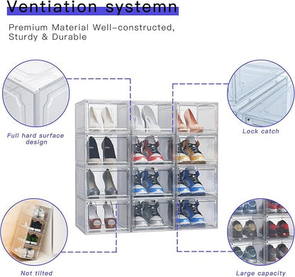 YIIHAA 6 Pack X Large Shoe Storage Box, hicken Sturdy Hard Plastic Clear Stackable Sneaker Shoe Rack for Size 6, Easy Assembly Storage Organizer, Holder Sneaker Container (Transparent, 6)