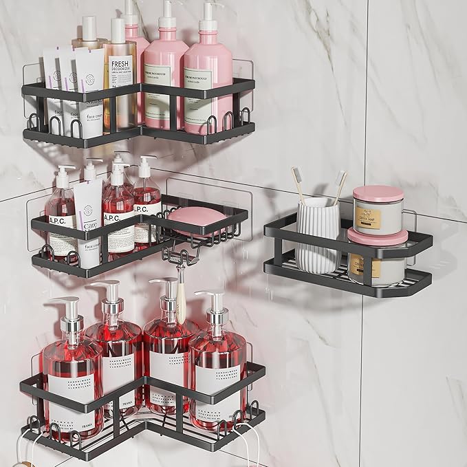 Youvip Shower Caddy Corner with Soap Holder, No Drilling Shower Shelves-Rustproof, Adhesive Shower Organizer Corner for Dorm. Black, 4-Pack