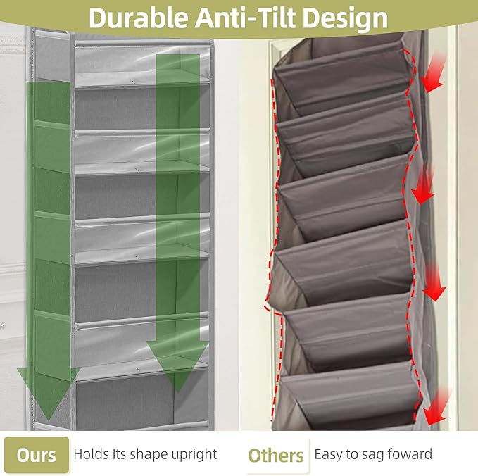 Over Door Organizer with 6 Extra Large Pockets and 12 Side Pockets, Large Capacity Hanging Storage Organizer with Clear Window for Shoes, Diapers, Grey, 6 Layers, 1-Pack