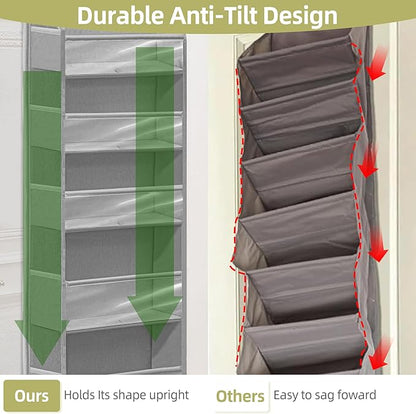 Door Shoe Organizer with 6 Extra Large Pockets and 12 Side Pockets, Large Capacity Hanging Storage Organizer with Clear Window for Shoes, Diapers, Grey, 6 Layers, 4-Pack