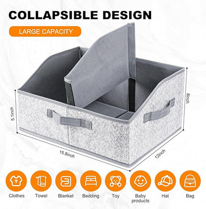 Closet Storage Bins 6 Pack, Large Closet Organizer Baskets with Divider & Handles,Trapezoid Fabric Shelf Organizers, Collapsible Storage Cubes for Clothes, Towels, Toys-Gray