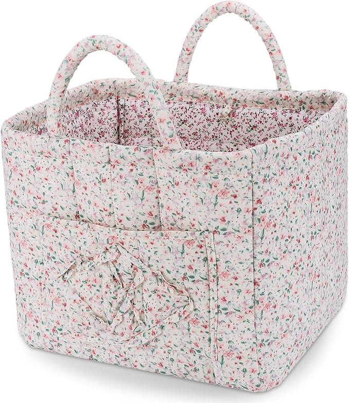 Storage Basket Boho Fabric Large Collapsible Floral Laundry Nursery Hamper Portable Folding Storage for Clothes Toys (Green Floral)