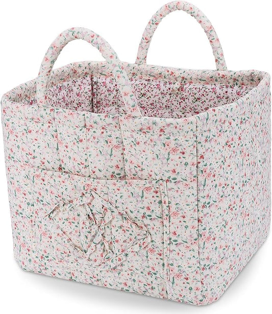 Storage Basket Boho Fabric Large Collapsible Floral Laundry Nursery Hamper Portable Folding Storage for Clothes Toys (Green Floral)