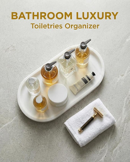 OOBOOB Oval Natural Marble Bathroom Tray for Decor Countertop, Marble Vanity Tray for Candles Perfume, Jewelry, Cosmetics, Elegant Vanity Organizer for Jewelry, Perfume (Star White, 9.84*4.72*0.7)