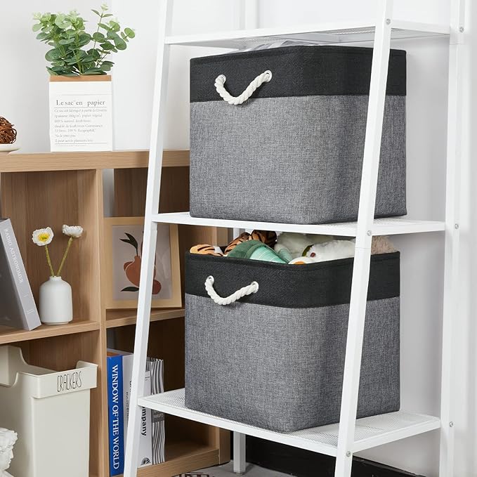 Temary Baskets 4 Pack Fabric Storage Cube Storage Baskets 13x13x13 Storage Cube Bins for Shelves with Handles, Basket for Organizing (Black&Gray)