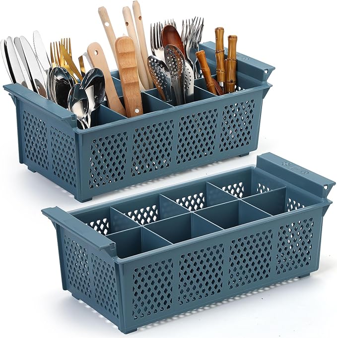 Yungyan 2 Pcs 8 Slot Plastic Cutlery Basket 16.81 x 8.07 x 5.91 Inches Dishwasher Flatware Basket with Handle Utensil Holder for Knives, Forks, Spoons, Silverware Commercial Dishwasher(Blue)