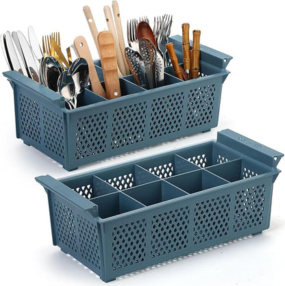 Yungyan 2 Pcs 8 Slot Plastic Cutlery Basket 16.81 x 8.07 x 5.91 Inches Dishwasher Flatware Basket with Handle Utensil Holder for Knives, Forks, Spoons, Silverware Commercial Dishwasher(Blue)