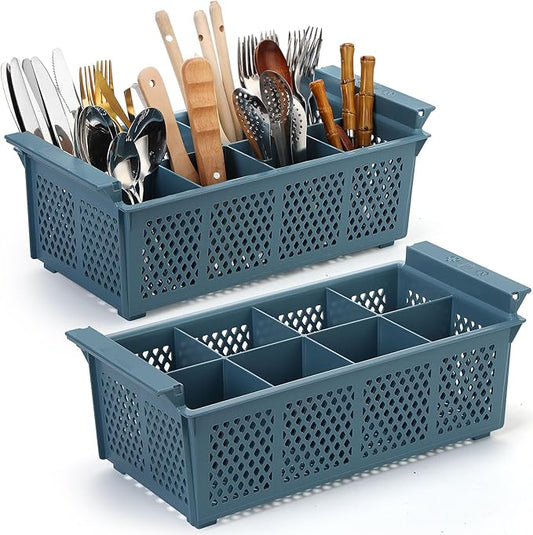 Yungyan 2 Pcs 8 Slot Plastic Cutlery Basket 16.81 x 8.07 x 5.91 Inches Dishwasher Flatware Basket with Handle Utensil Holder for Knives, Forks, Spoons, Silverware Commercial Dishwasher(Blue)