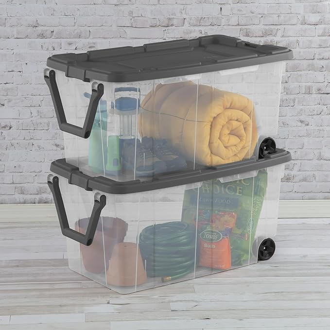 40-Gallon Wheeled Storage Bins (2-Pack) - Heavy Duty Plastic Totes with Lids & Handles - Industrial Garage/Utility Containers for Tools, Camping Gear (36.9" x 21.4") (Clear/Gray)