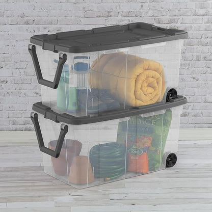 40-Gallon Wheeled Storage Bins (2-Pack) - Heavy Duty Plastic Totes with Lids & Handles - Industrial Garage/Utility Containers for Tools, Camping Gear (36.9" x 21.4") (Clear/Gray)