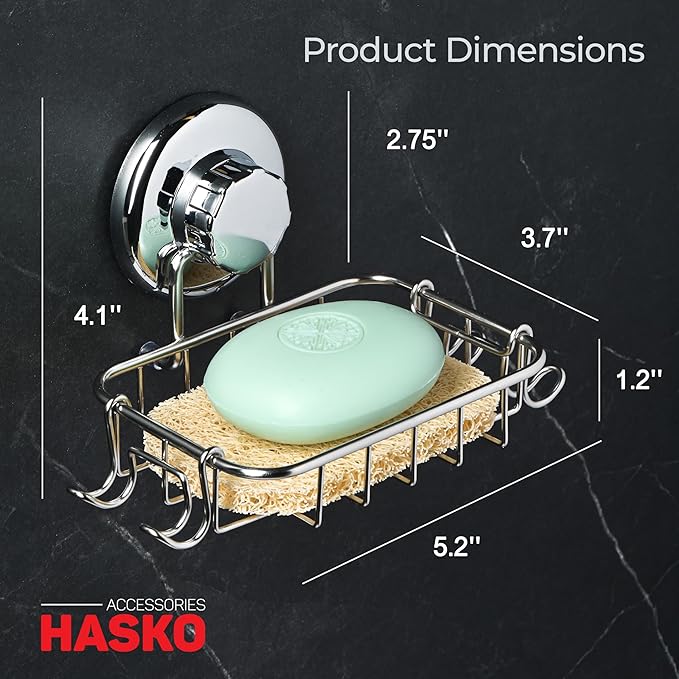 HASKO 2-Pack Suction Cup Soap Holder – Bar Soap Dish for Shower with Hooks for Bathroom – Optional Mounting with Adhesive Tape or Glue – Includes 2 Soap Savers – Stainless Steel SS304 - Silver