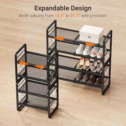 ELYKEN Shoe Rack, 4-Tier Expandable Shoe Organizer for Entryway, Metal Black Shoe Shelf with 8 Hooks, Adjustable Shoe Stand Holder for Closet, Garage, Door Entrance