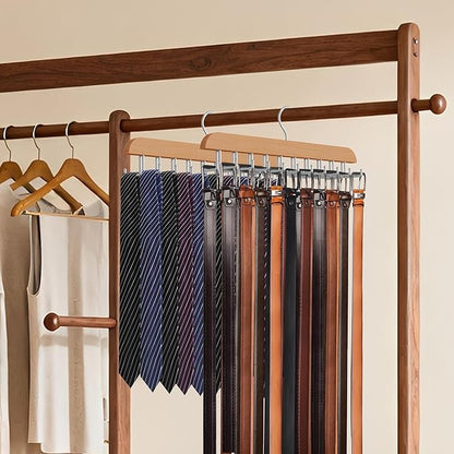 Tie Rack Hanger for Closet, 2 in 1 Belt Tie Hangers with 20 Folding Hooks, 360 Degree Rotating Wooden Tie Holder Organizer for Men Ties Belts Scarves Tank Tops Accessories, Wood (2 Pack)