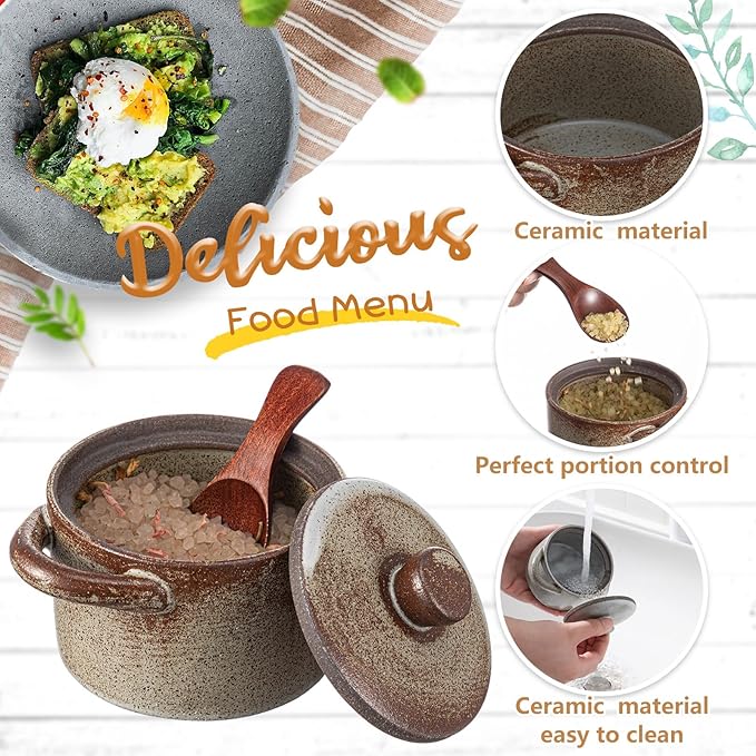 Honeydak Speckled Ceramic Salt Cellar with Lid and Wooden Spoon, Rustic Farmhouse Salt Pepper Cellar Holder for Mothers Day, Housewarming Gift, Heavyweight Spices Jar(Light Gray Retro Color,2 Set)