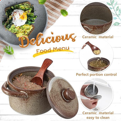 Honeydak Speckled Ceramic Salt Cellar with Lid and Wooden Spoon, Rustic Farmhouse Salt Pepper Cellar Holder for Mothers Day, Housewarming Gift, Heavyweight Spices Jar(Light Gray Retro Color,2 Set)