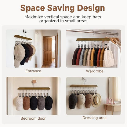 StorageWorks 4 Pack Hat Rack, Closet Organizer and Storage for Baseball Caps,Hat Hanger with 10 Adjustable Stainless Steel Clips, Fits All Caps, Natural Walnut Color
