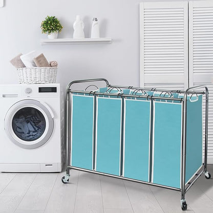 STORAGE MANIAC Laundry Sorter 4 Section, 47.8 Gal (181 L) Laundry Hamper with Wheels, Clothes Divider Basket Sorter, Clothes Separator Hamper Cart with Wheels and Removable Bags, Blue