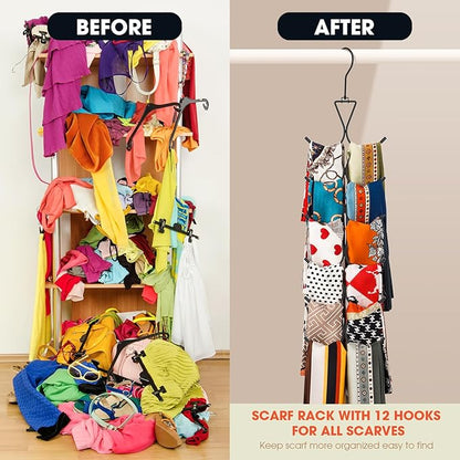 Scarf Hanger 2 Pack 24 Storages,Purse Hanger with 360 Swivel Hook,Scarf Organizer Scarf Hangers for Closet,for Scarves, Shawl,Belt,Purse & Baseball Cap