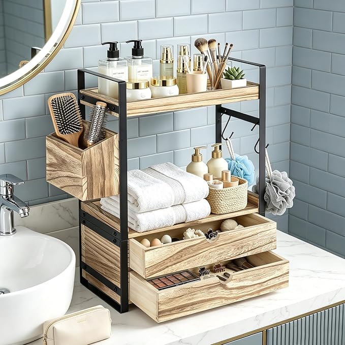 2-Tier Bathroom Counter Organizer with 2 Drawers, Basket and Hooks, Wood Bathroom Organizers and Storage for Countertop, Farmhouse Bathroom Countertop Organizer for Vanity, Kitchen, Coffee Bar, Office