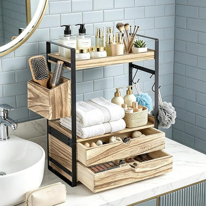 2-Tier Bathroom Counter Organizer with 2 Drawers, Basket and Hooks, Wood Bathroom Organizers and Storage for Countertop, Farmhouse Bathroom Countertop Organizer for Vanity, Kitchen, Coffee Bar, Office