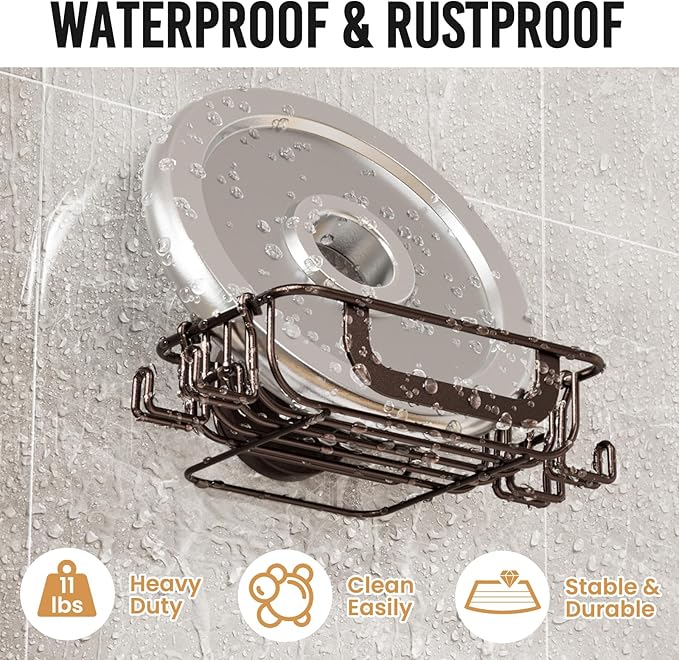 LEVERLOC Soap Holder Dish with Hooks for Shower, Bar Suction Cup Soap Tray Wall Mounted, Rustproof Stainless Steel Sponge Holder Caddy for Bathroom Bathtub Kitchen Sink, Brown