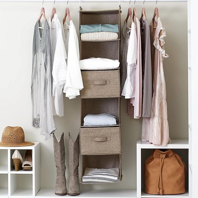 Household Essentials 6 Shelf Hanging Closet Organizer, Hanging Closet Shelf, Fabric Poly Linen and PEVA Shelving, Beige