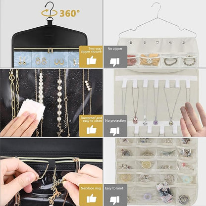 CHICECO Travel Jewelry Holder Organizer,Hanging Jewelry Organizer Storage with Zippered Pockets for Cloest,Jewelry Holder for Earrings, Necklaces (Blue Black)