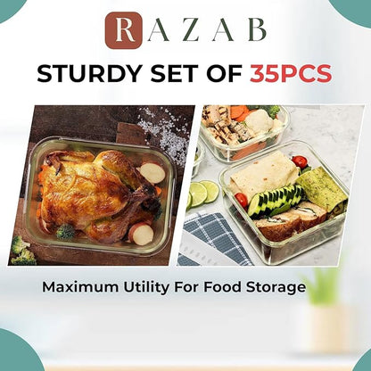 Razab 35 Pc Set Glass Food Storage Containers with Lids - Meal Prep Airtight Bento Boxes BPA-Free 100% Leak Proof (15 lids,15 glass & 5 Plastic Sauce/Dip Containers)