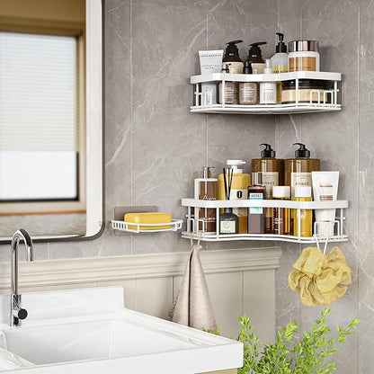 MAXIFFE 3 Pack X-Large Corner Shower Caddy with Soap Holder, Large Capacity and Easy Install, No Drilling Shower Shelves, Stainless Steel Shower Organizer Hold 40 LBS for Family Renters, White