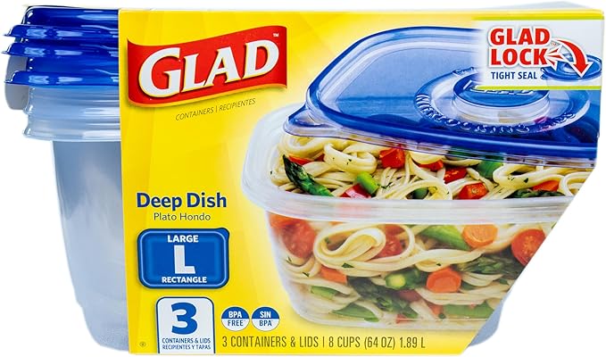 Glad GladWare Deep Dish Food Storage Containers with Lids, Large Rectangle BPA Free Plastic for Soups Salads and Meal Prep, Lock Tight Seal, Microwave Dishwasher Safe, 64 Oz, 3 Count