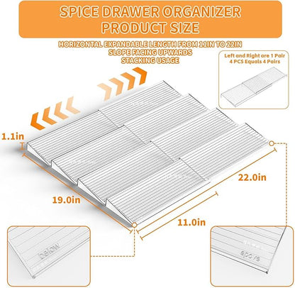 Yieach 8 Pack Adjustable In Drawer Spice Organizer - Expandable From 11'' to 22'' - Acrylic Drawer Seasoning Organizer,Clear Spice Organization Tray for Cabinet Drawers Condiment,Nail Polish and Jar